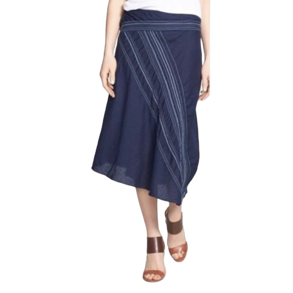 Eileen Fisher Navy Blue Asymmetric A-Line Skirt with Pinstripe Detail